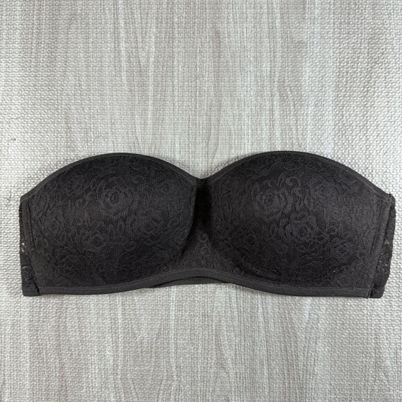 PINK Victoria's Secret Large Black Strapless Lace Bandeau Bra Padded Molded Cup - Picture 1 of 4